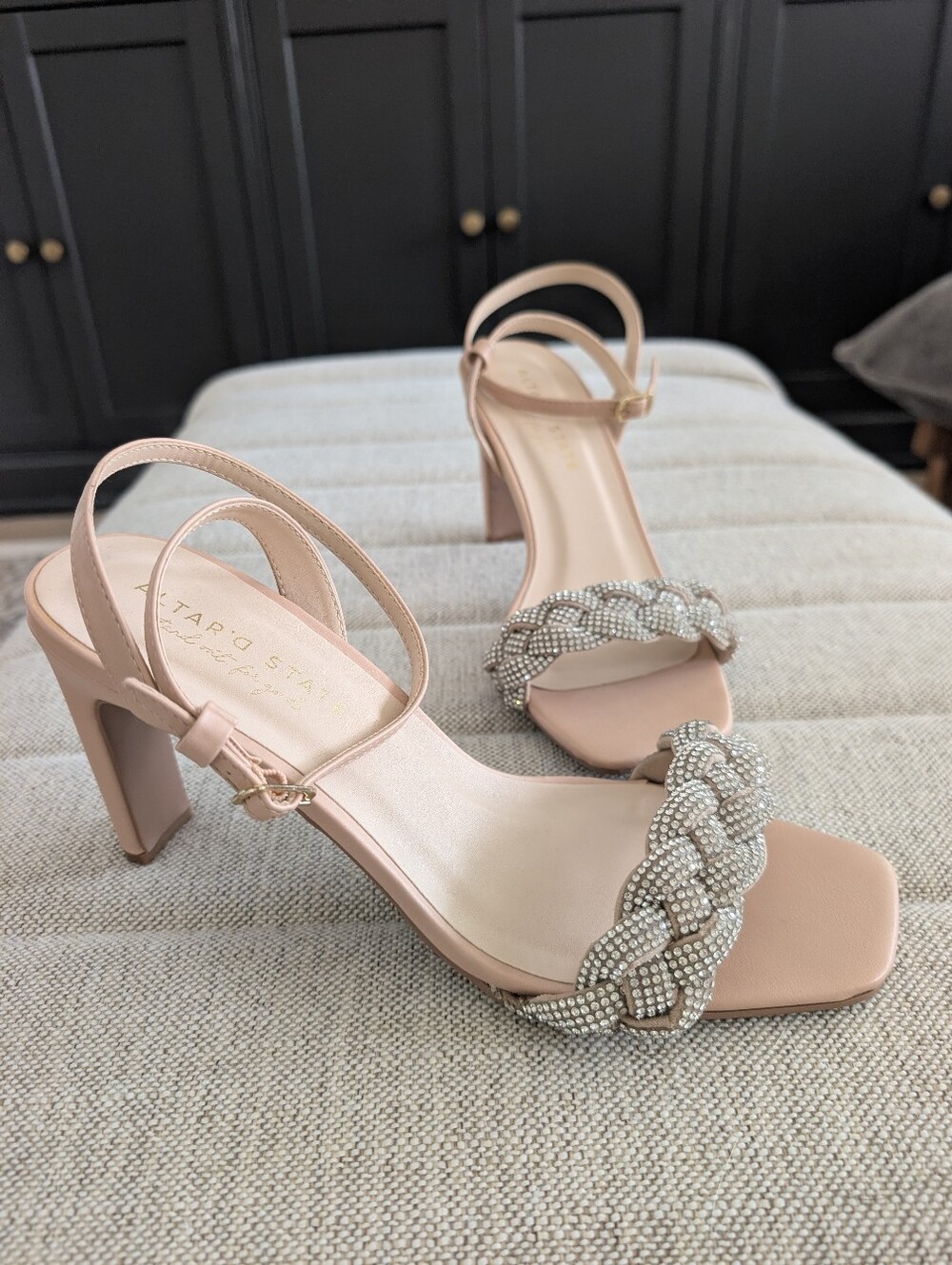 ​Altar'd State Nude Rhinestone Braided Strap Heeled Sandals Block Heel Size 9